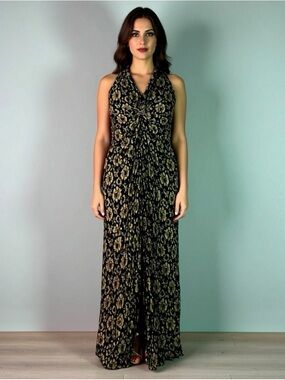 Joseph Ribkoff Couture Vintage Black Gold Lace Floral Halter Dress Slit Size 10